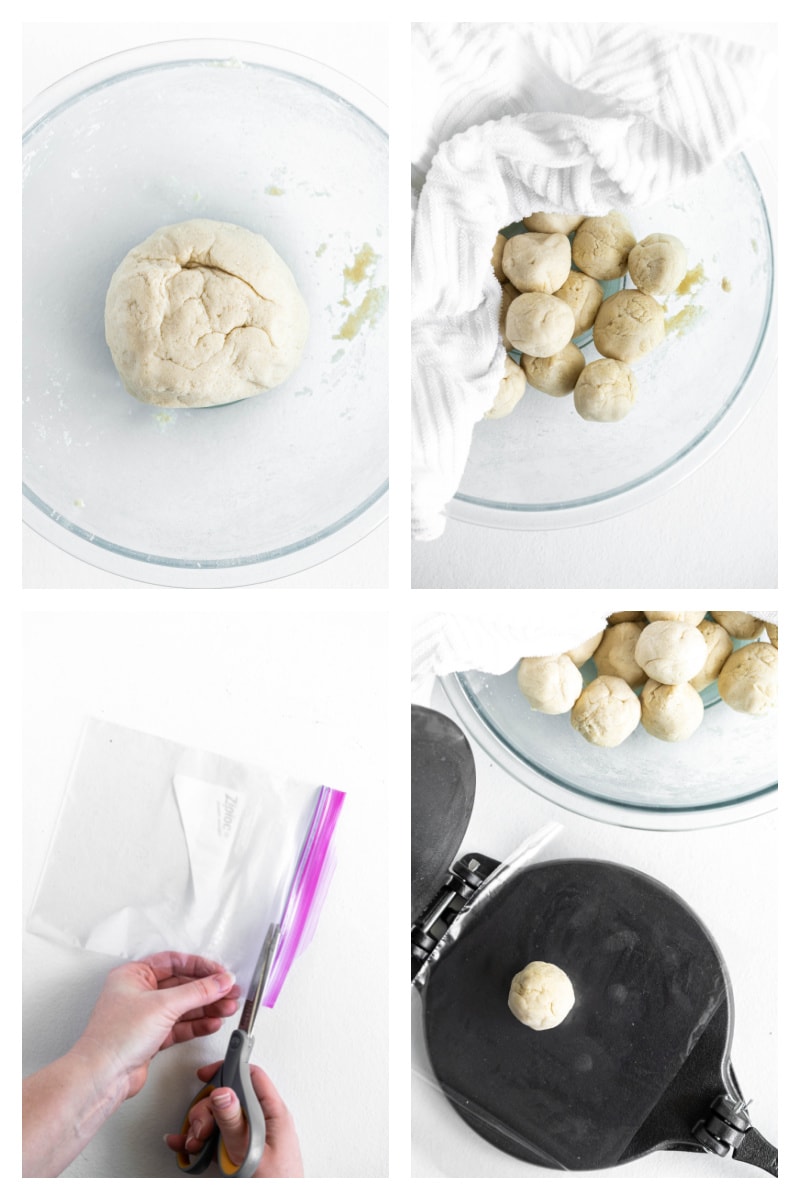 four photos showing how to form homemade corn tortillas
