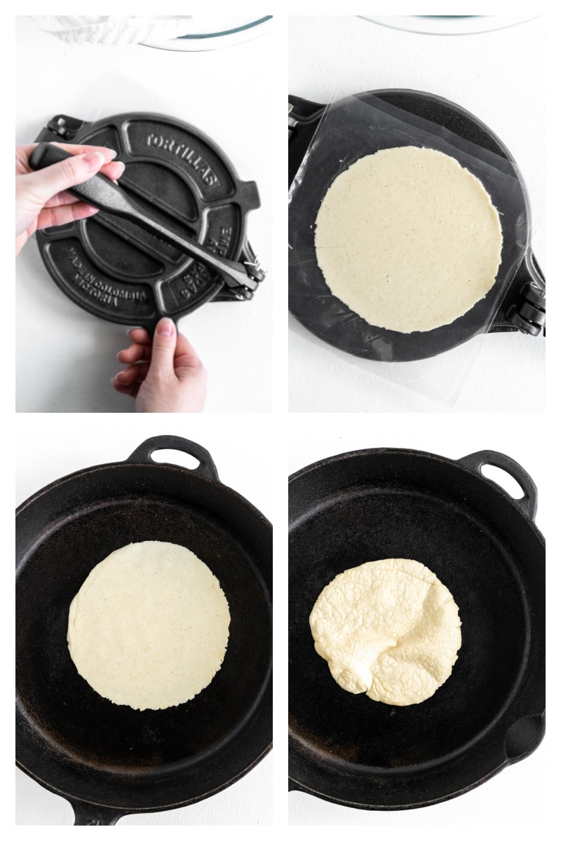 four photos showing how to make corn tortillas in press and pan