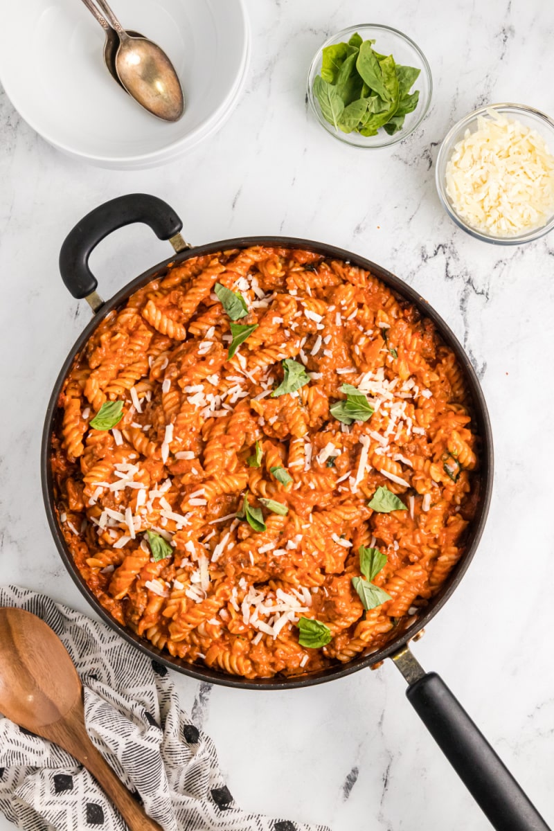 one pot sausage pasta in a skillet