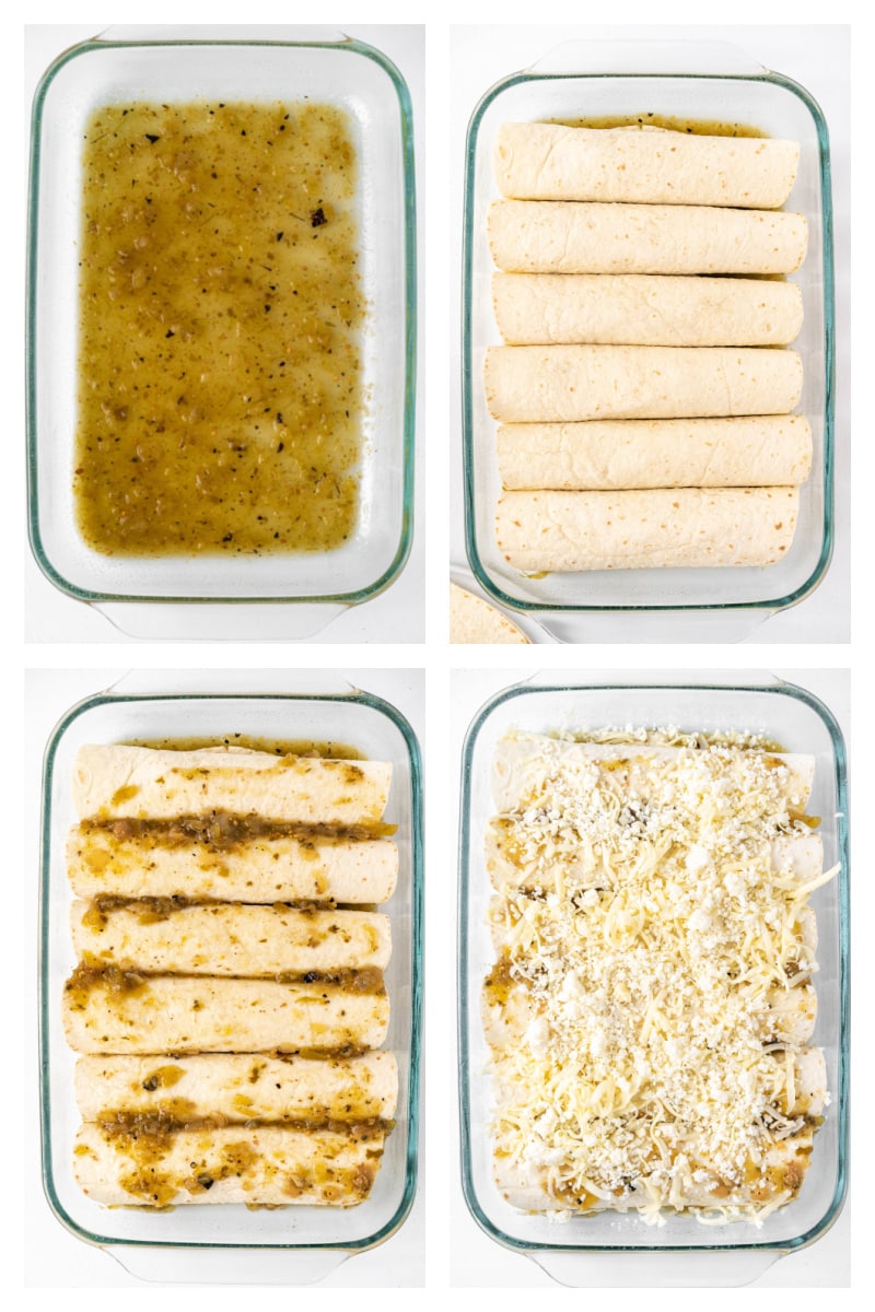 four photos showing process of assembling salsa verde chicken enchiladas