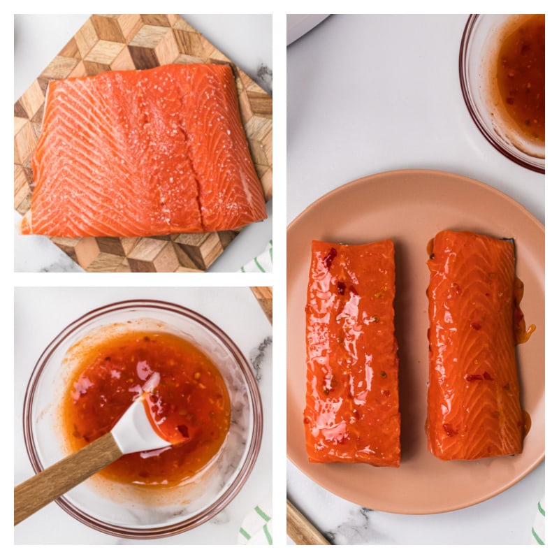 three photos showing salmon, marinade and brushed on