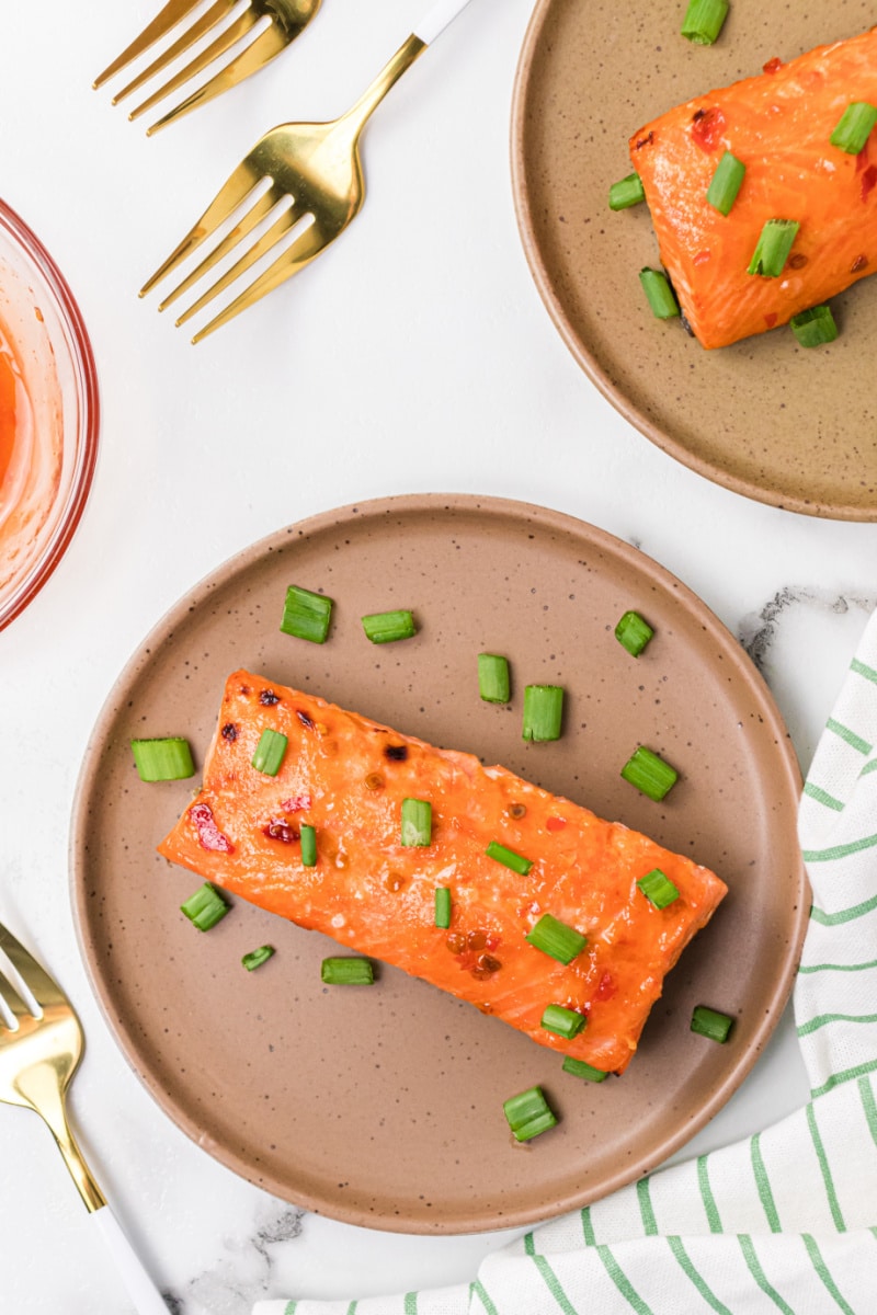 sweet and spicy air fryer salmon on a plate