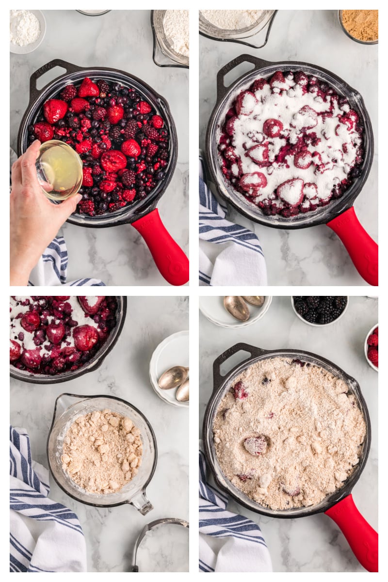 four photos showing prep of berry crumble in cast iron skillet