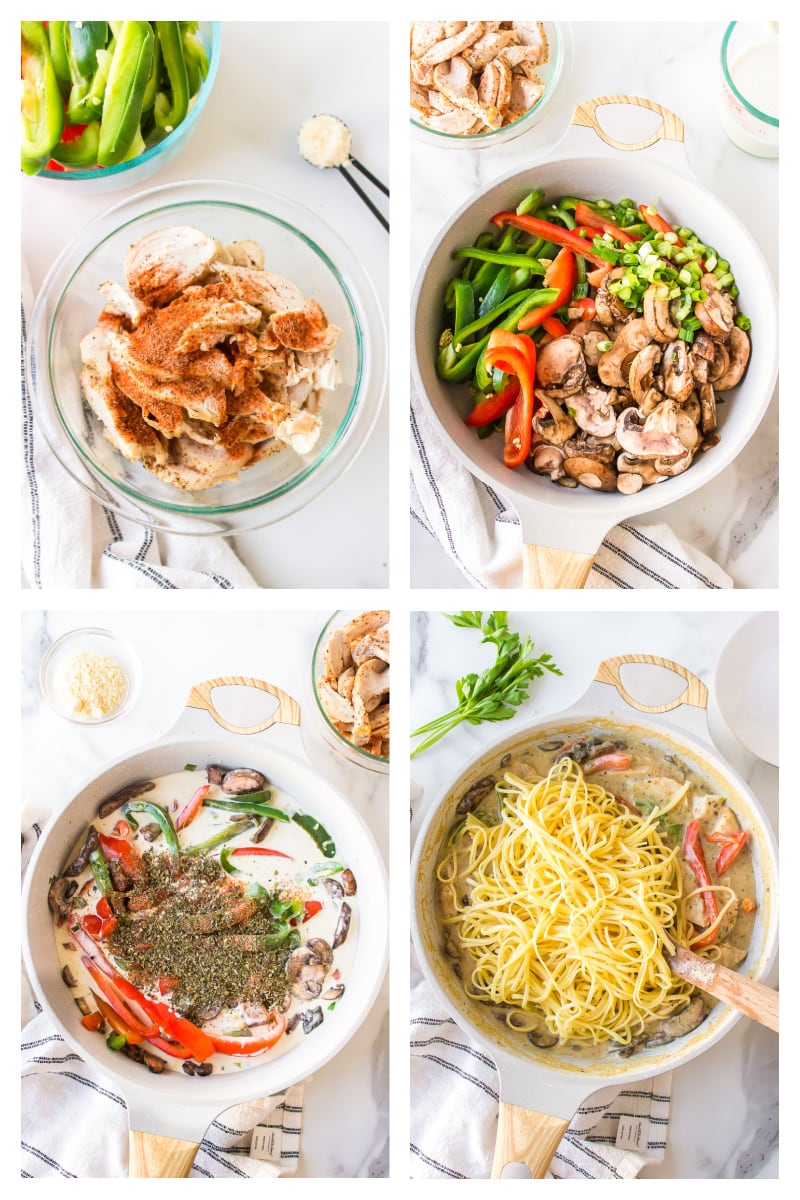 four photos showing how to make cajun chicken pasta