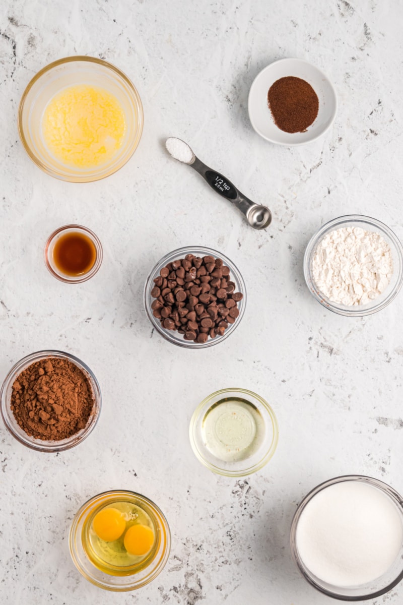 ingredients displayed for making chocolate overload brownies