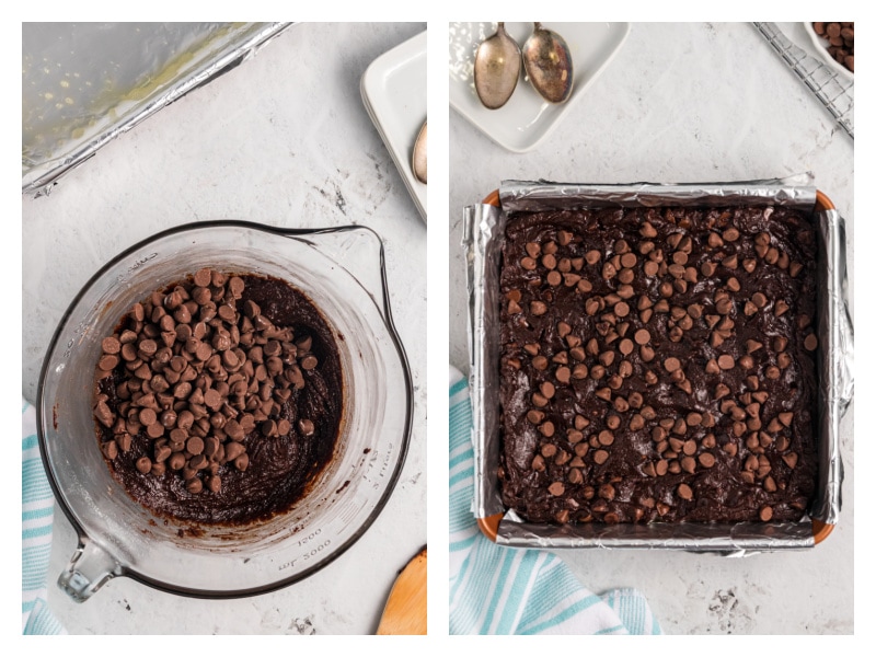 two photos showing batter for brownies in bowl and then in pan