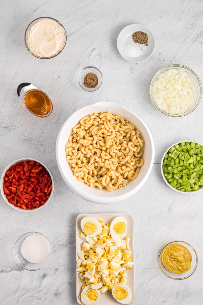 ingredients displayed for making classic macaroni salad