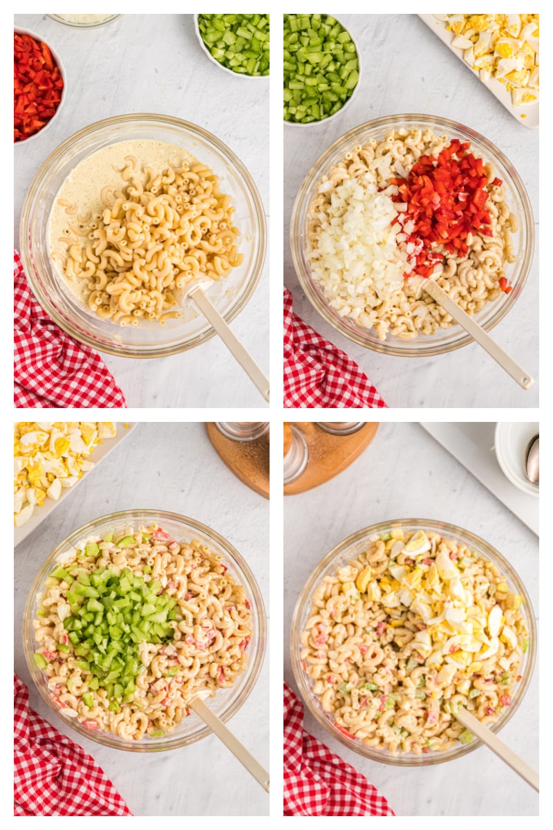 four photos showing how to make macaroni salad in a bowl