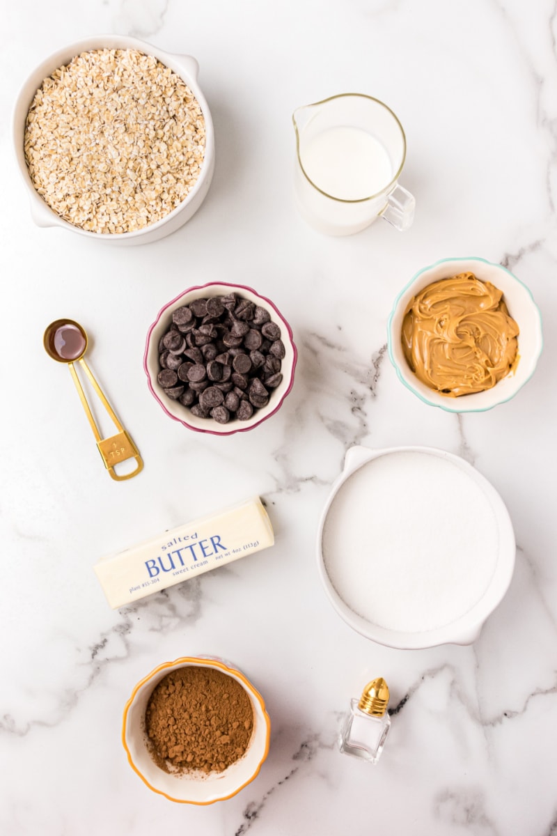 ingredients displayed for making no bake chocolate peanut butter cookies