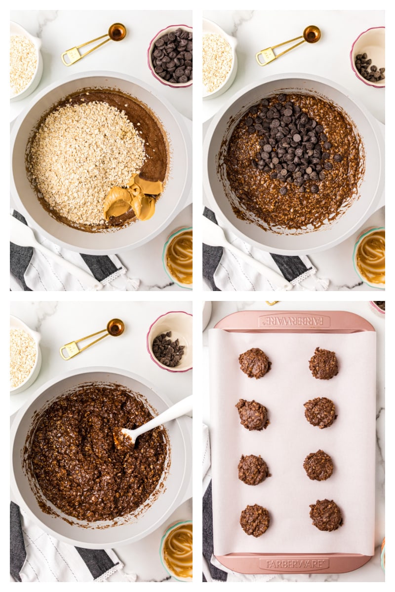 four photos showing how to make batter for no bake chocolate peanut butter cookies and on baking sheet