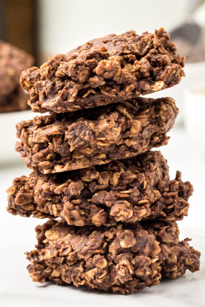 stack of 4 no bake chocolate peanut butter cookies