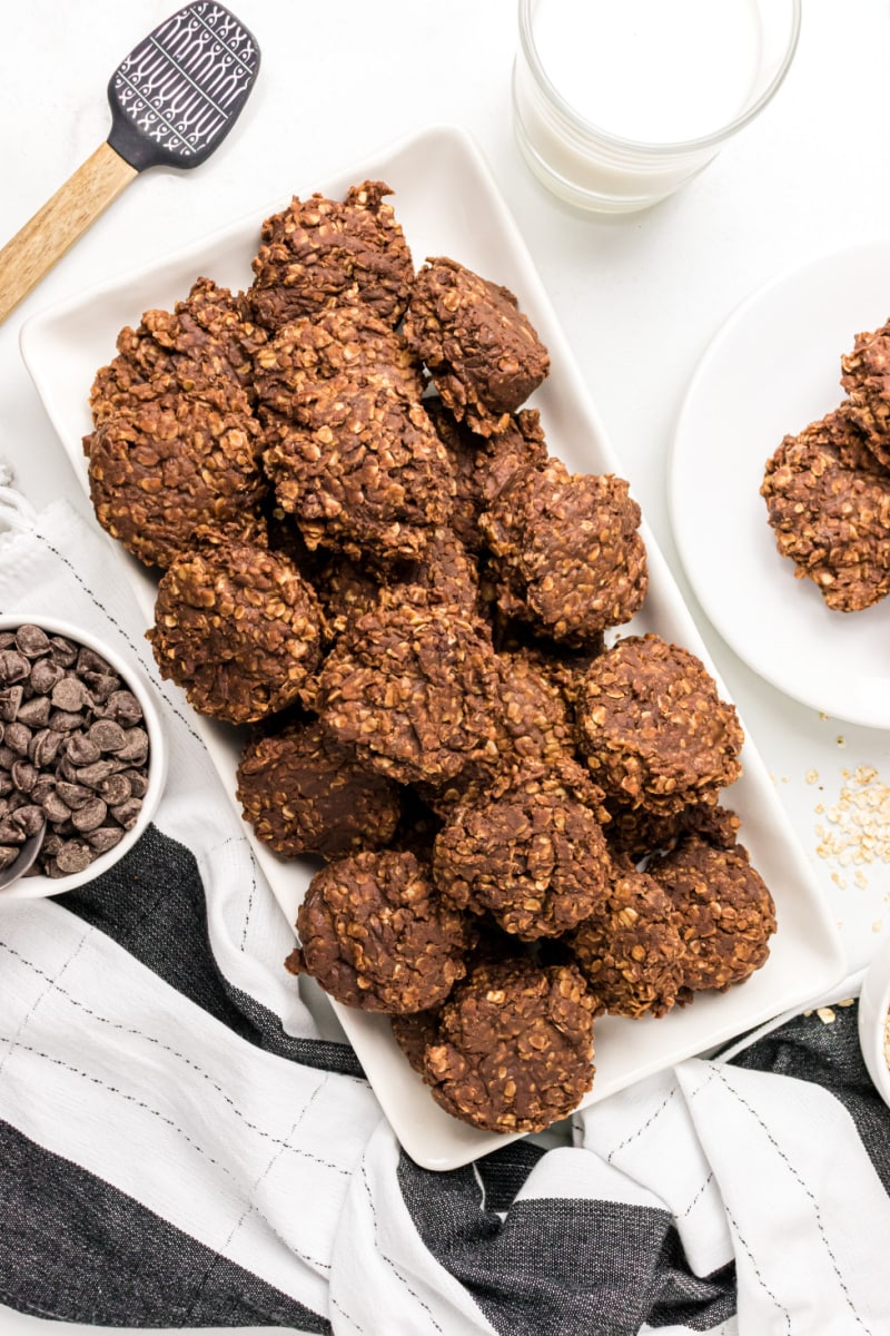 no bake chocolate peanut butter cookies on a white platter