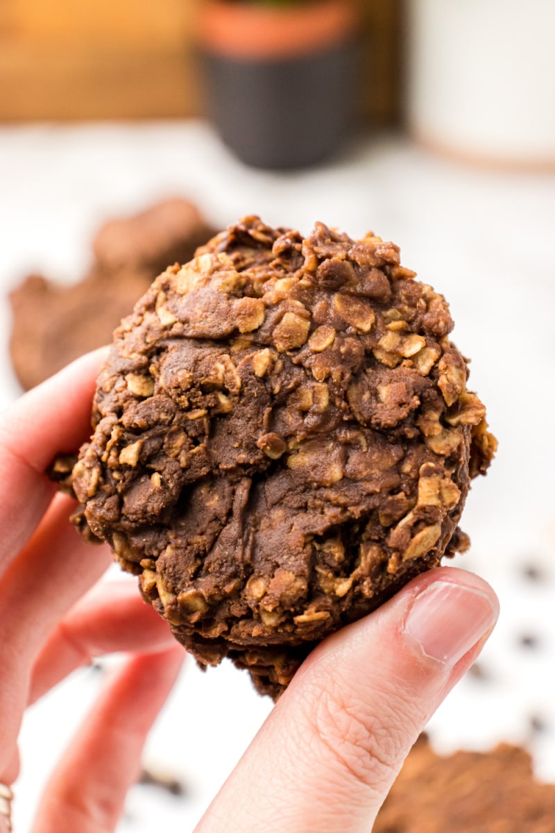 hand holding no bake chocolate peanut butter cookie