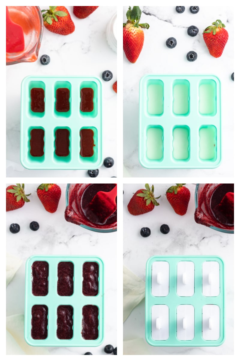 four photos showing making popsicles in molds