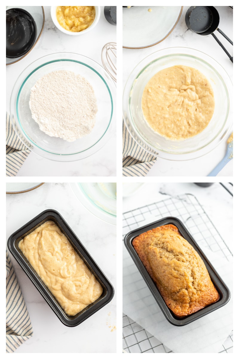 four photos showing how to make banana bread for one