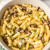 creamy sausage mushroom rigatoni in a pot