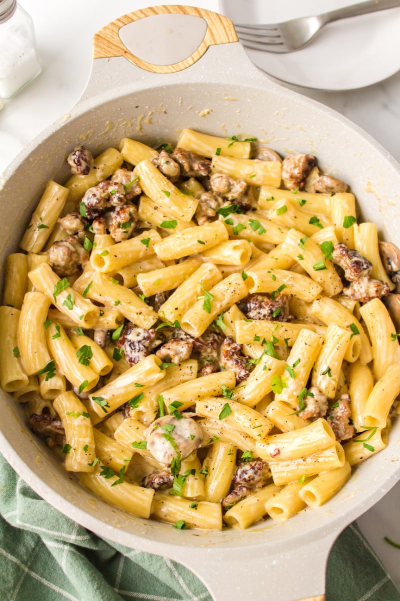 creamy sausage mushroom rigatoni in a pot