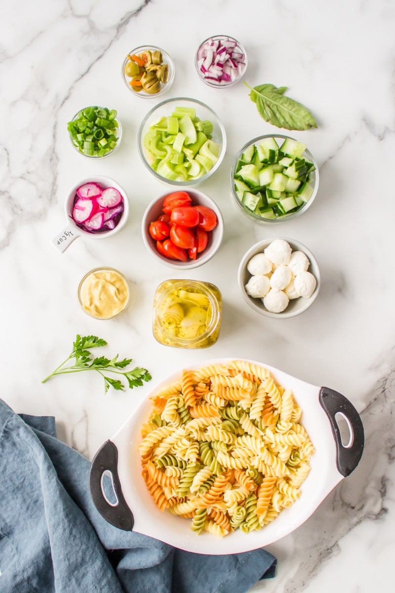 ingredients displayed for making italian pasta salad