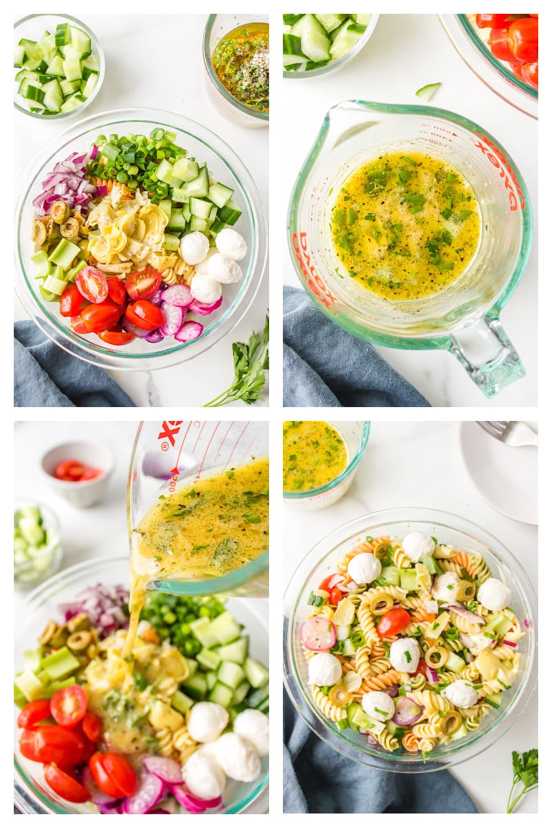 four photos showing how to make italian pasta salad