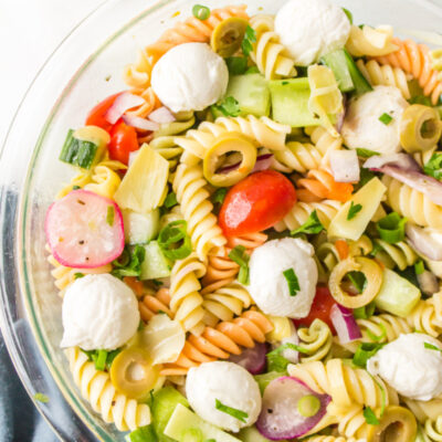 italian pasta salad in glass bowl