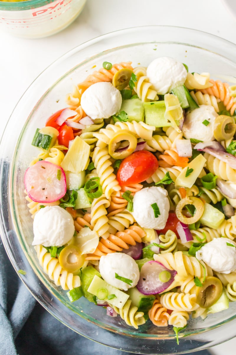 italian pasta salad in glass bowl