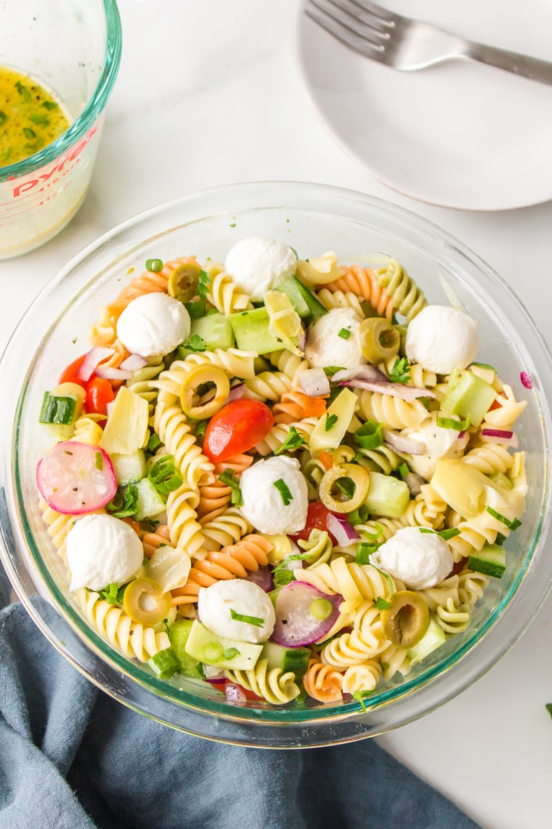italian pasta salad in glass bowl