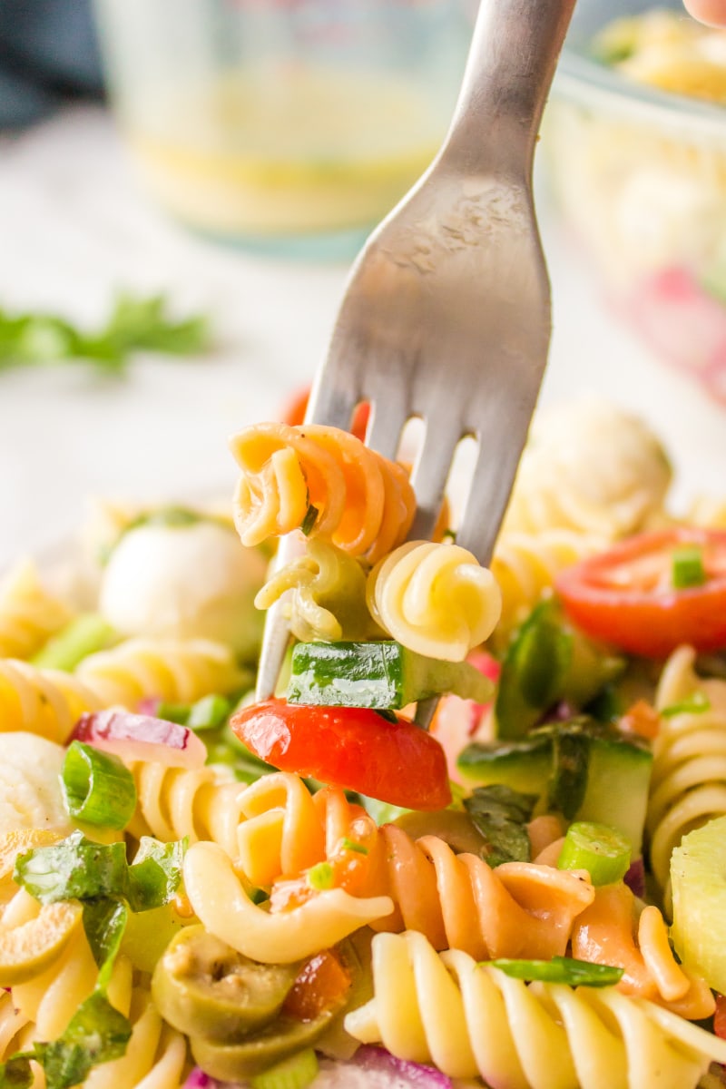fork full of pasta salad