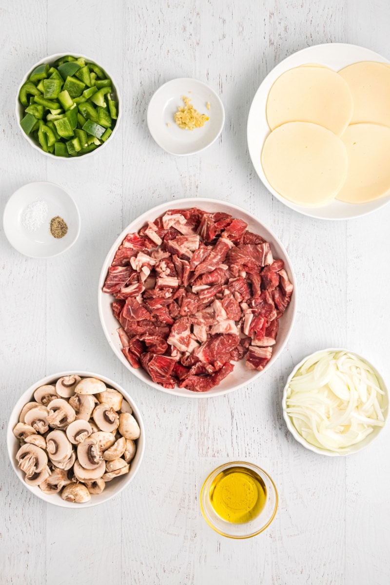 ingredients displayed for making philly cheesesteak