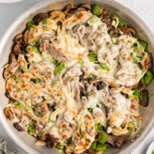 pinterest image for philly cheesesteak bowls