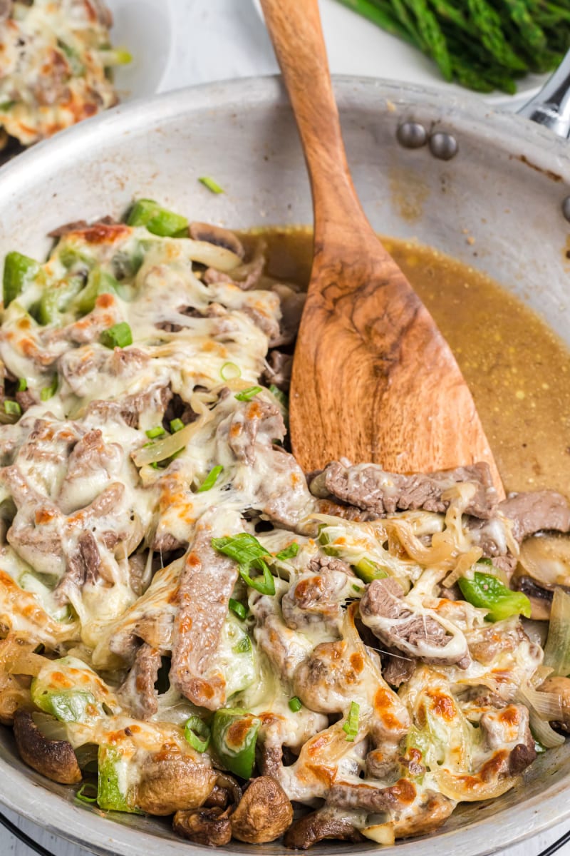 philly cheesesteak in a skillet