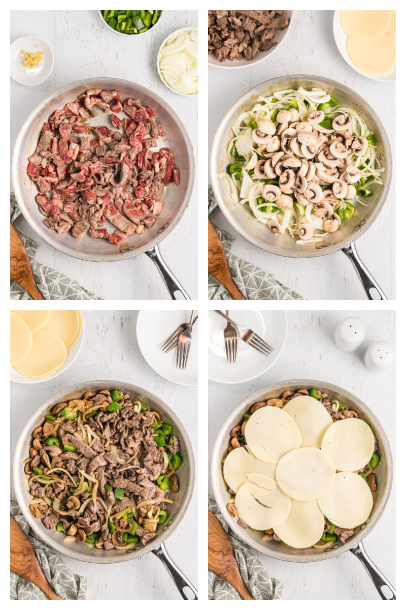 four photos showing how to make philly cheesesteak in a skillet