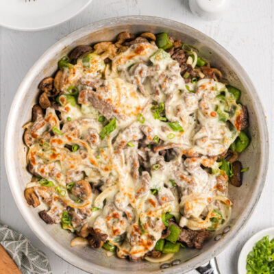 philly cheesesteak in a skillet