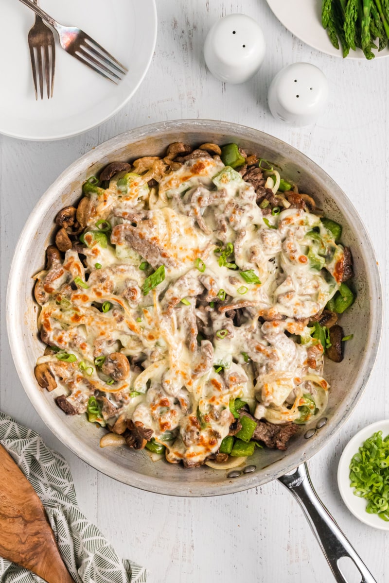 philly cheesesteak in a skillet