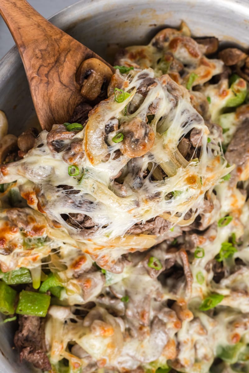 philly cheesesteak in a skillet