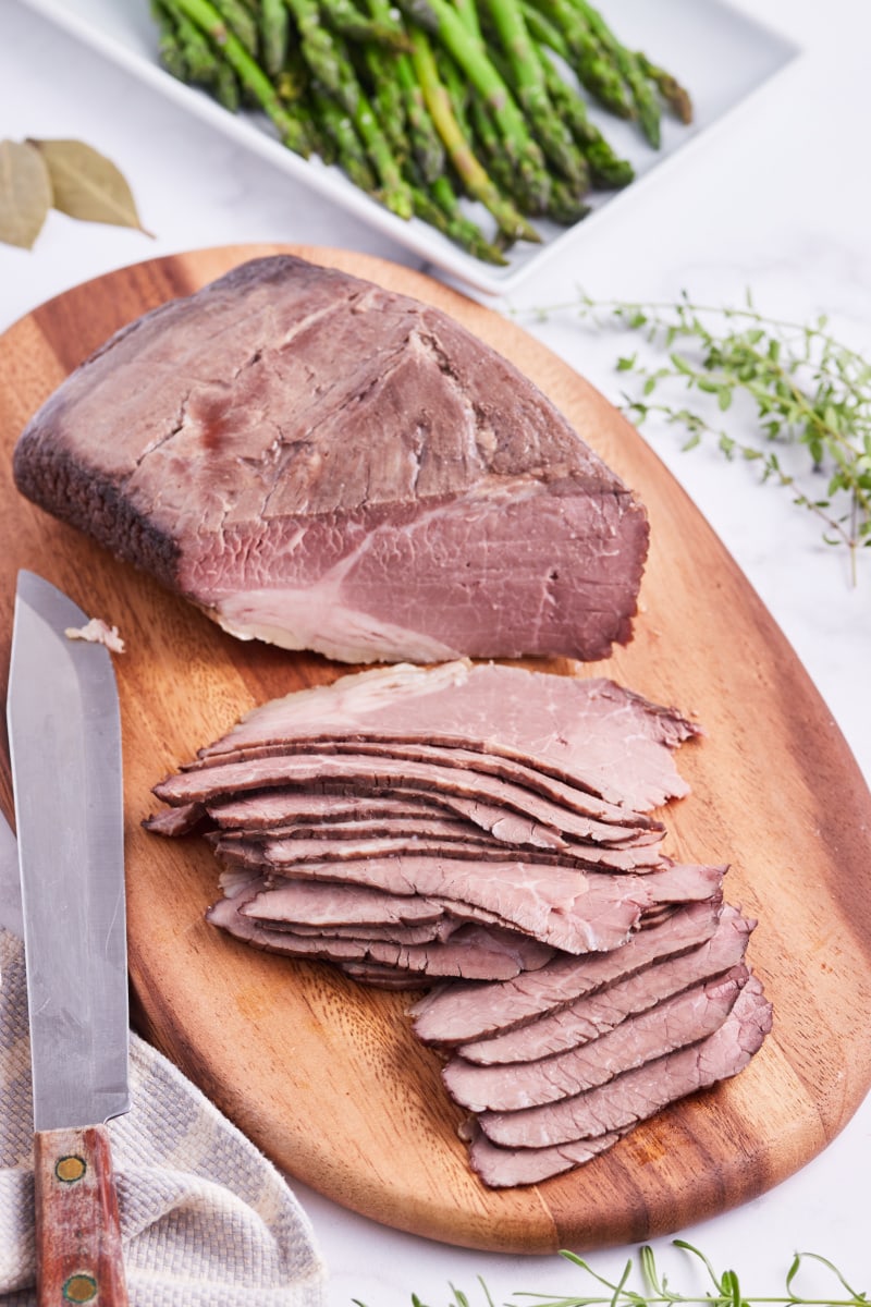 roast beef on board cut into slices