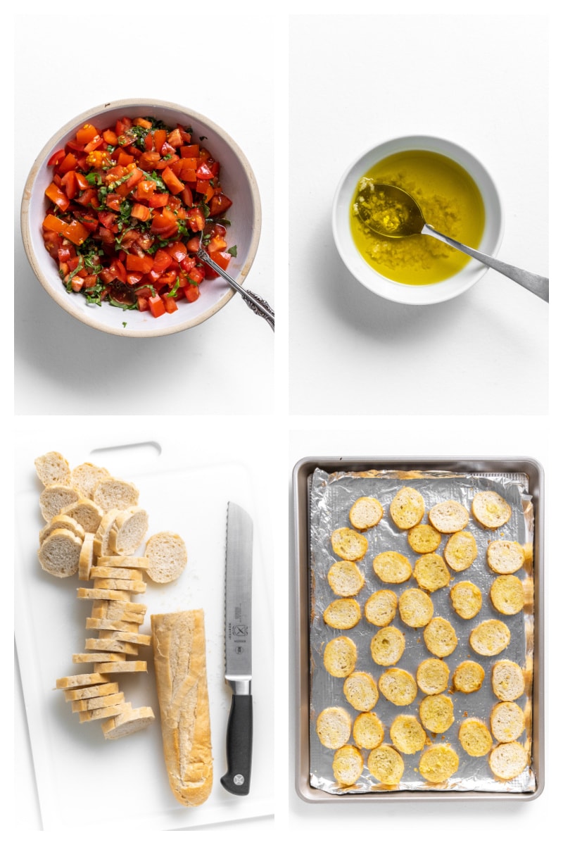 four photos showing bruschetta oil bread and toasted bread
