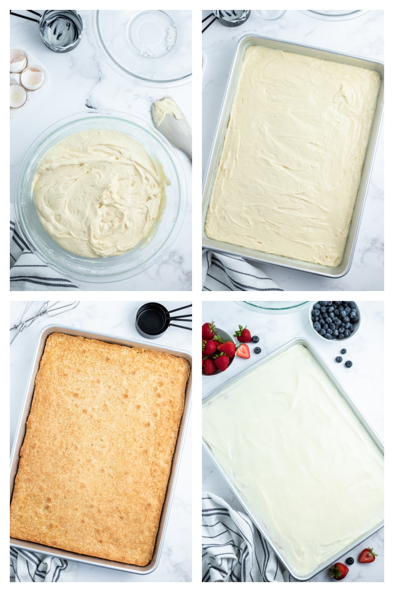 four photos showing how to make vanilla sheet cake