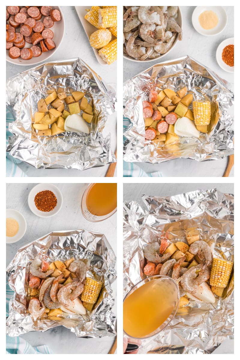 four photos showing how to assemble a grilled shrimp packet