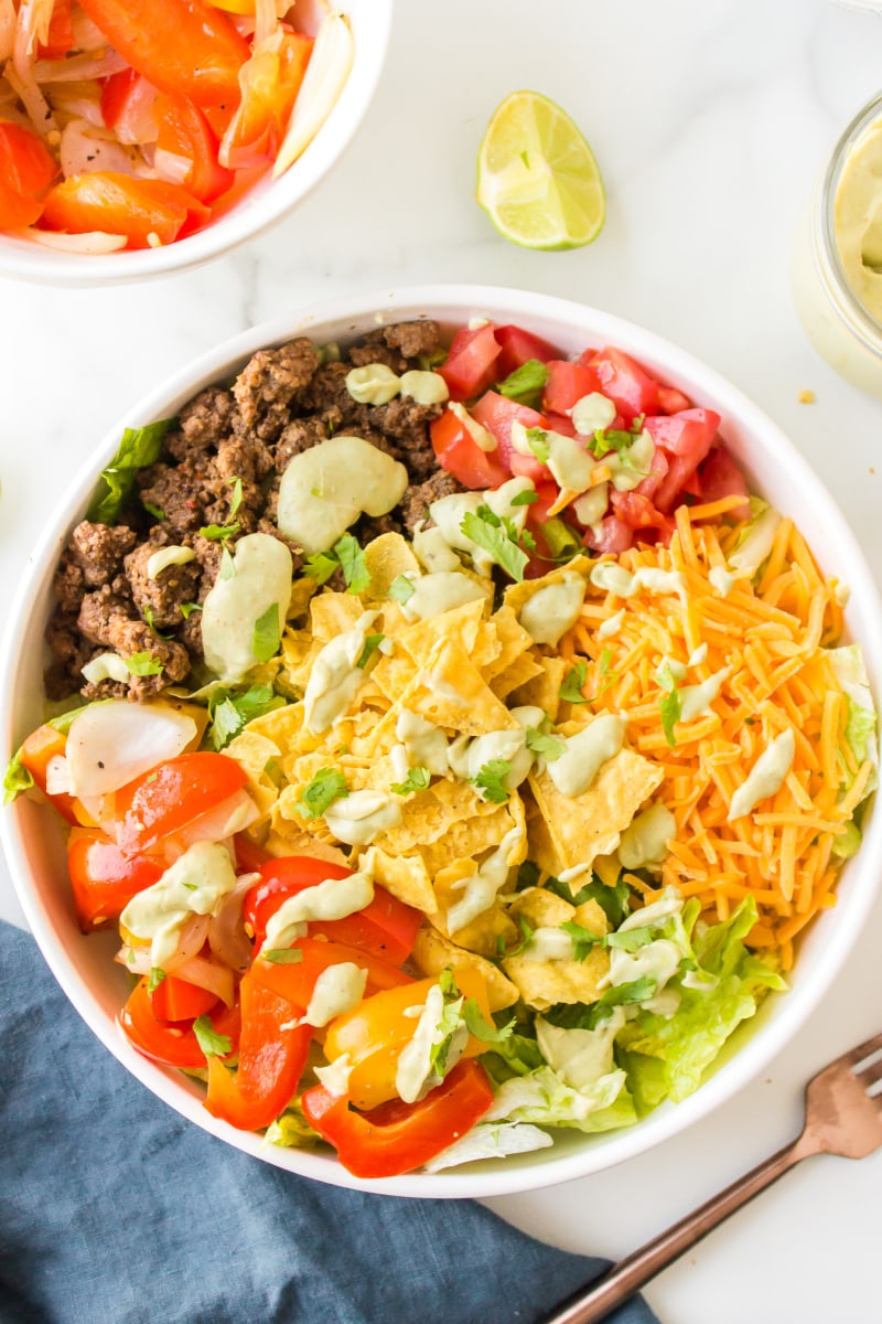 ground beef fajita taco salad in a bowl