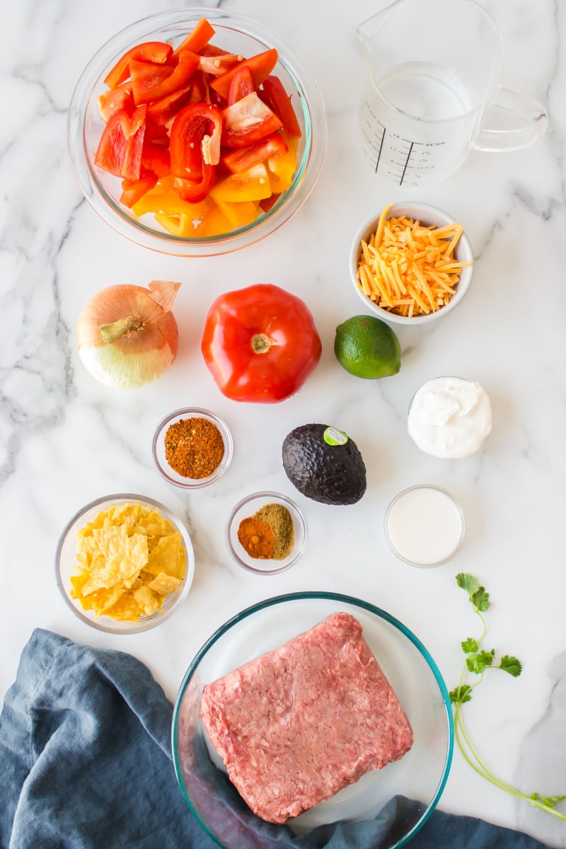 ingredients displayed for making ground beef fajita taco salad