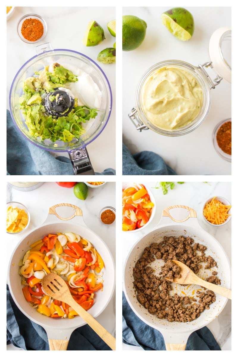 four photos showing how to make ground beef fajita taco salad