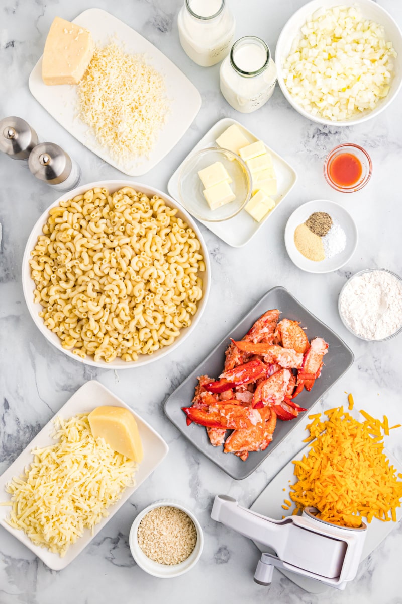 ingredients displayed for making lobster macaroni and cheese
