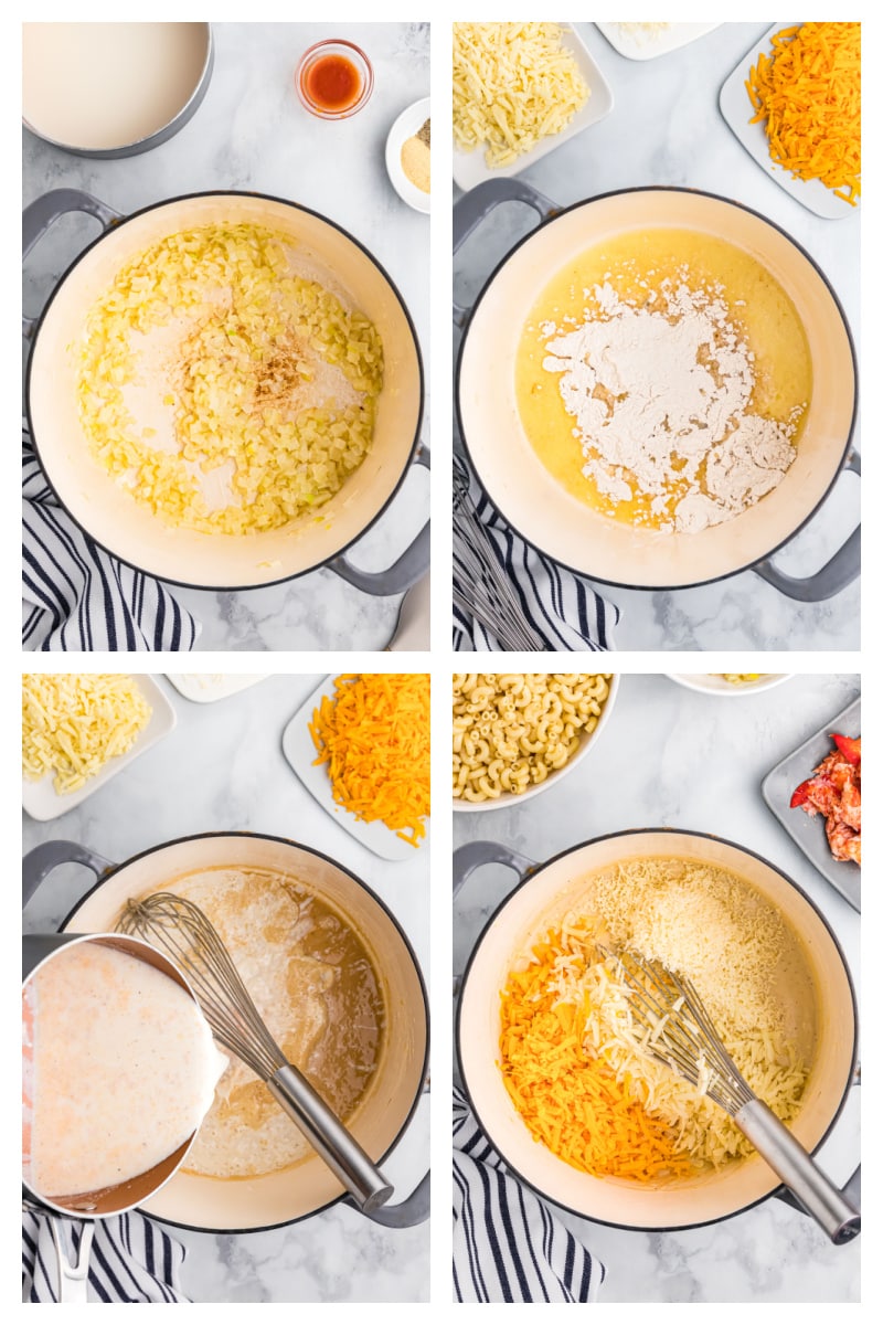 four photos showing process of making macaroni and cheese in pot