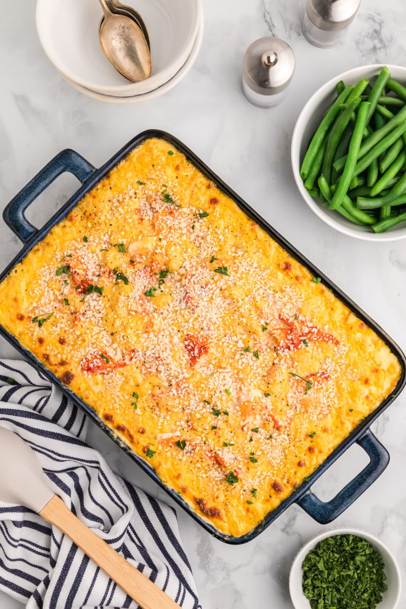 baked lobster macaroni and cheese in baking dish