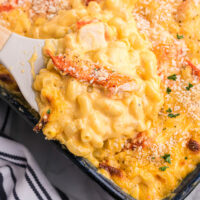 spooning lobster macaroni and cheese out of baking dish