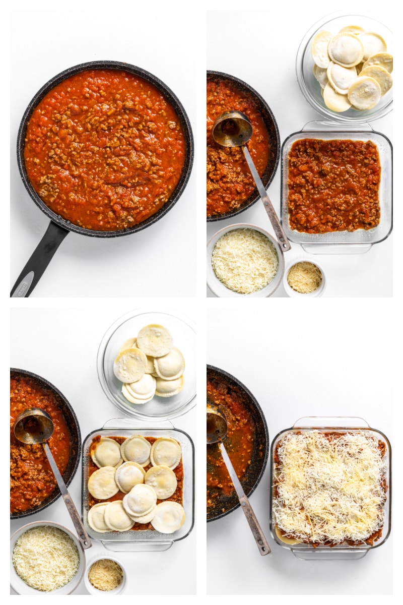 four photos showing assembly of ravioli lasagna
