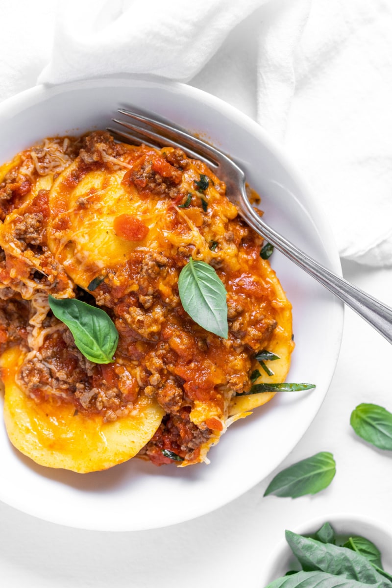 serving of ravioli lasagna in a white dish