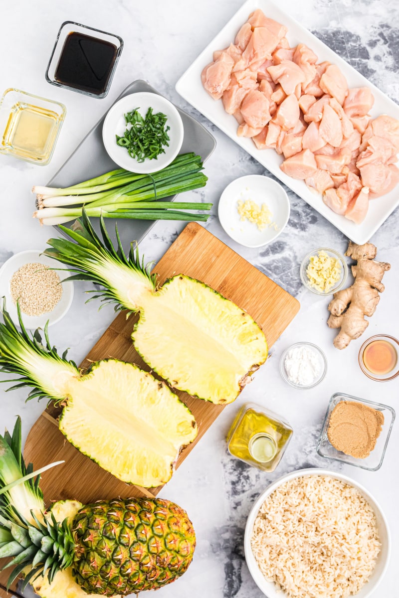 ingredients displayed for making teriyaki chicken pineapple bowls