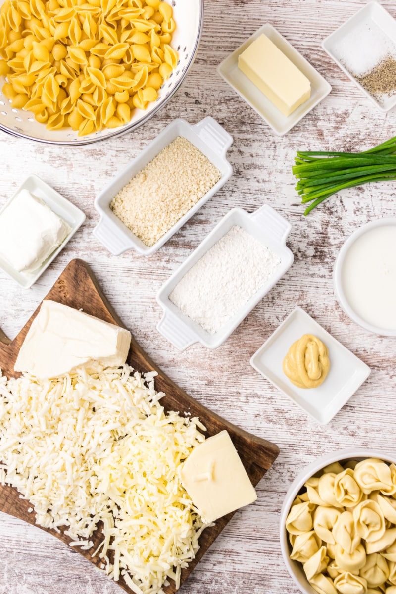 ingredients displayed for making tortellini mac and cheese