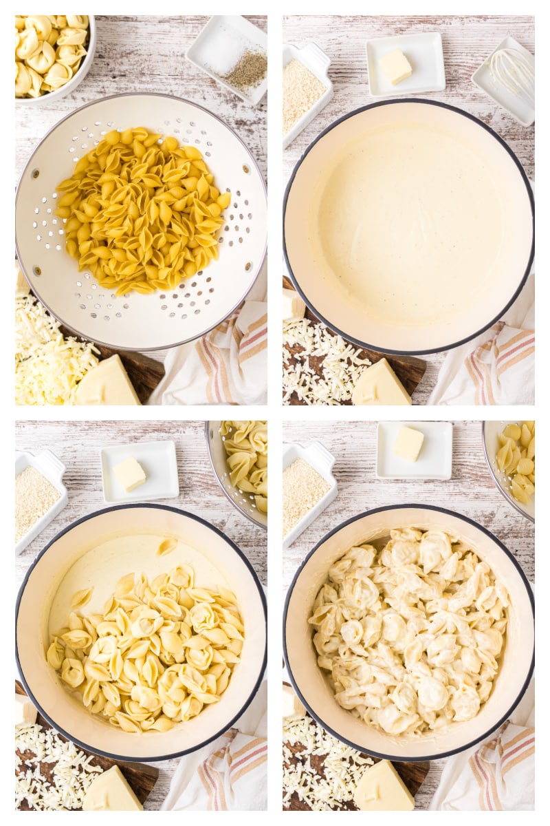 four photos showing how to make tortellini mac and cheese